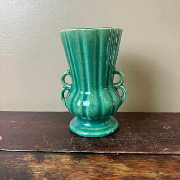 Vintage 40s 50s 60s McCoy Green Blue Turquoise Teal Double Handle Urn Vase - Picture 1 of 9